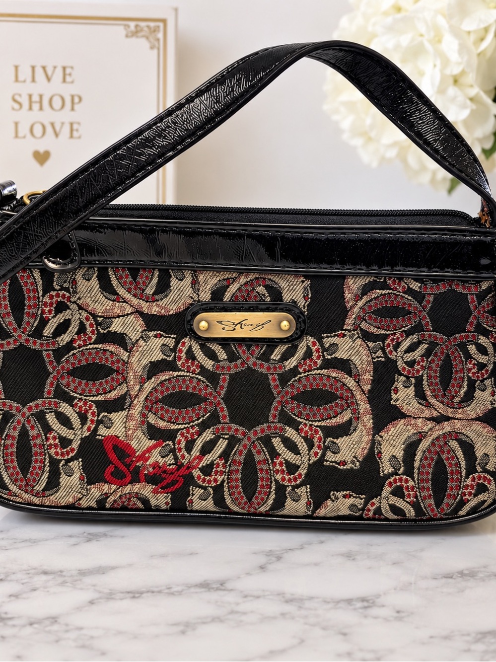 Panther Signature Black & Gold Jacquard Shoulder Bag